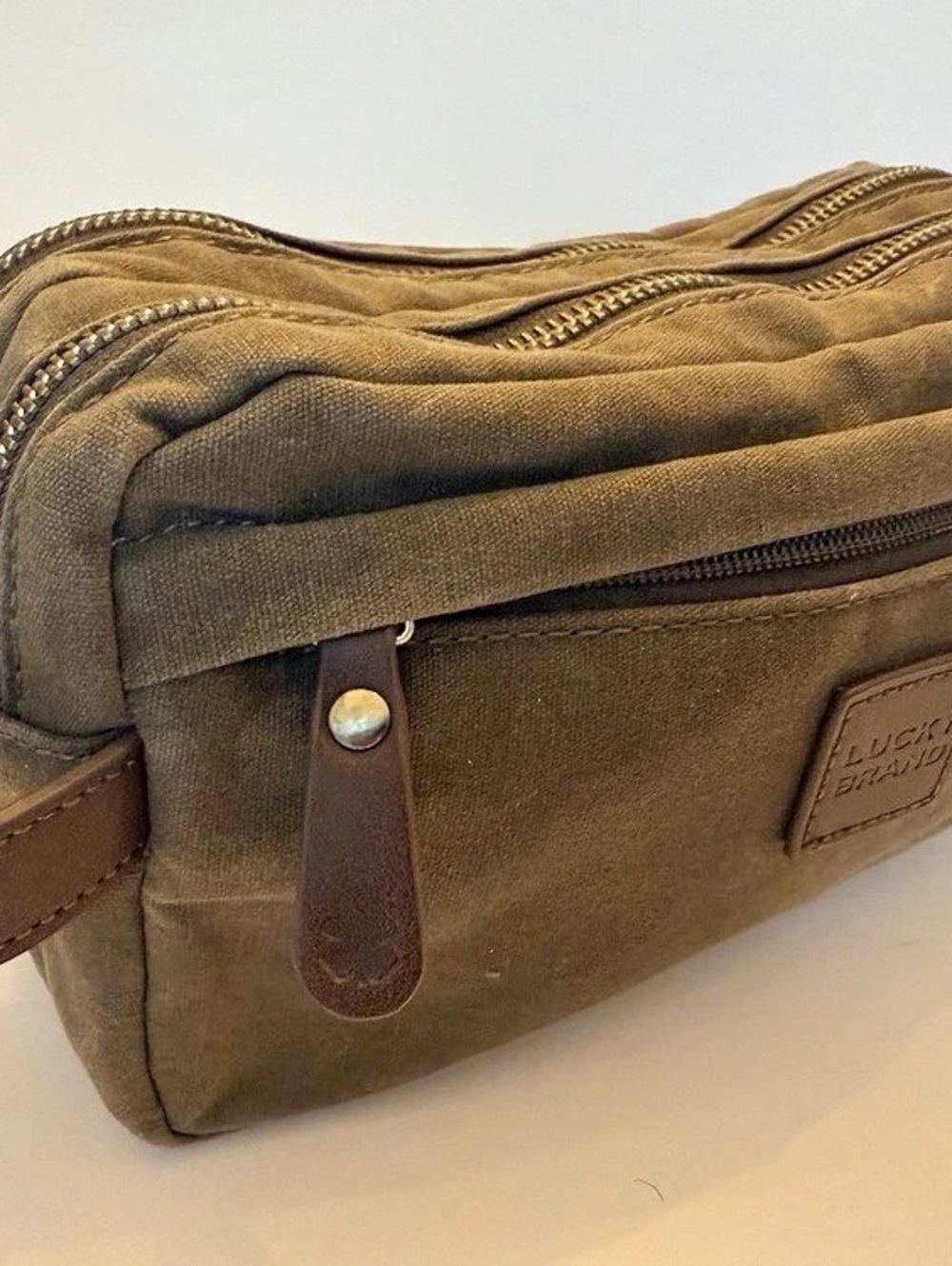 Lucky Brand Waxed Canvas Double Zip Dopp Kit Olive Green